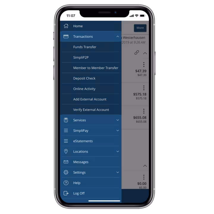 The Simplicity mobile banking app menu on a phone
